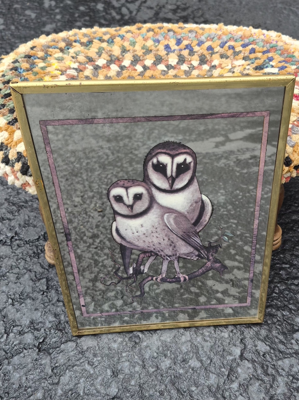 Pair Of Mirror Framed Owl Art Prints in Purple Tones